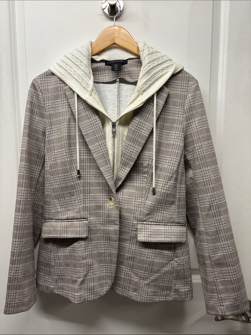 Tahari Taupe Plaid Blazer with Cream Hoodie Insert
